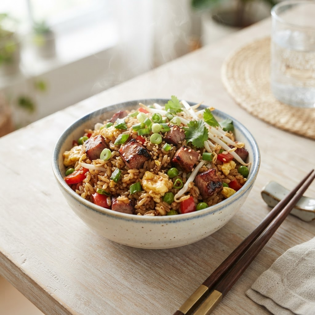 Arroz chaufa salteado con cerdo, huevo y cebollita china