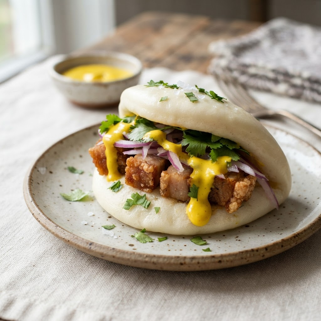Bao relleno de panceta crujiente con cebolla y ají amarillo
