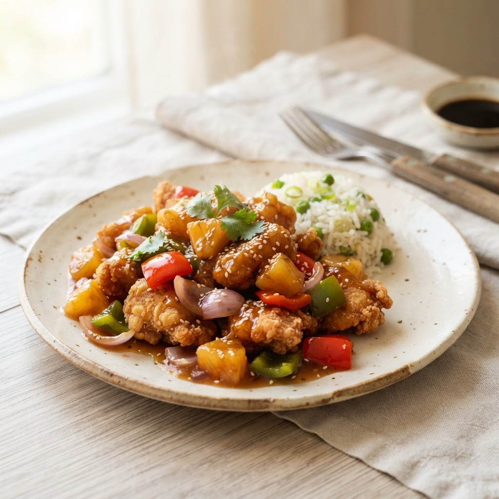 Pollo tipakay crocante en salsa agridulce con piña y pimiento