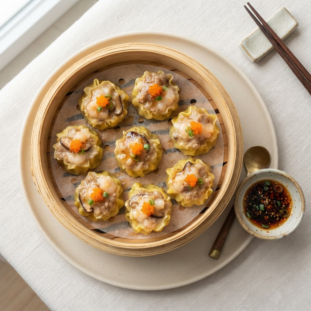 Siu mai al vapor de cerdo y langostino en vaporera de bambú