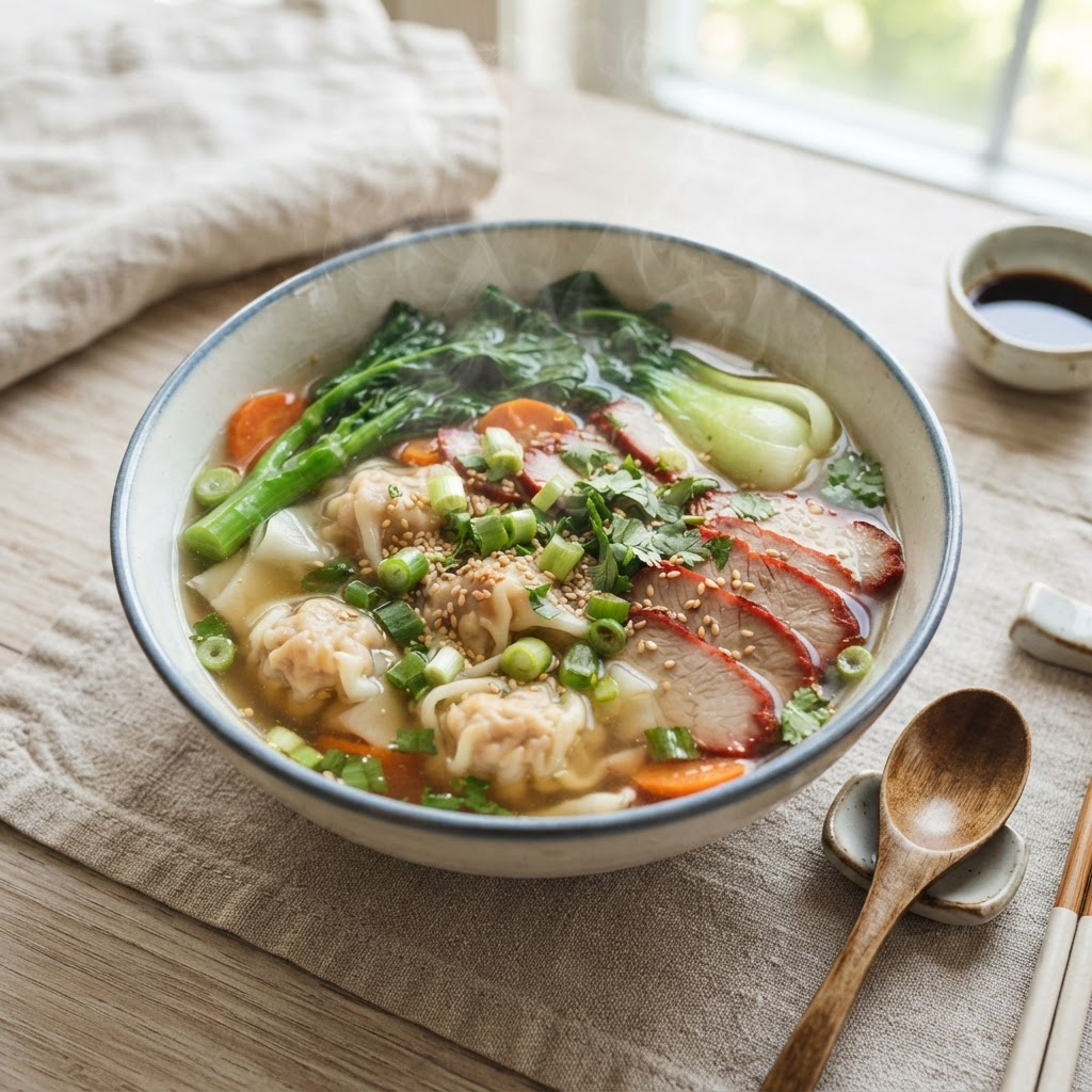 Sopa wantán con caldo, wantanes de cerdo y chancho asado