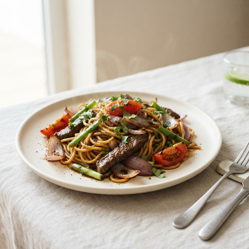 Tallarín saltado al wok con res, cebolla y tomate