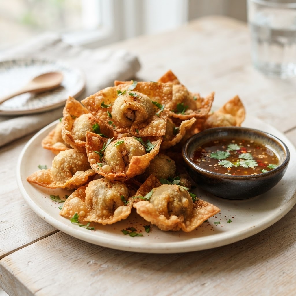 Wantanes fritos dorados con salsa agridulce de tamarindo