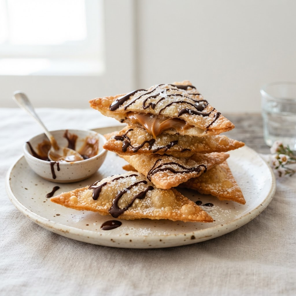 Wantán dulce relleno de dulce de leche con azúcar impalpable y chocolate